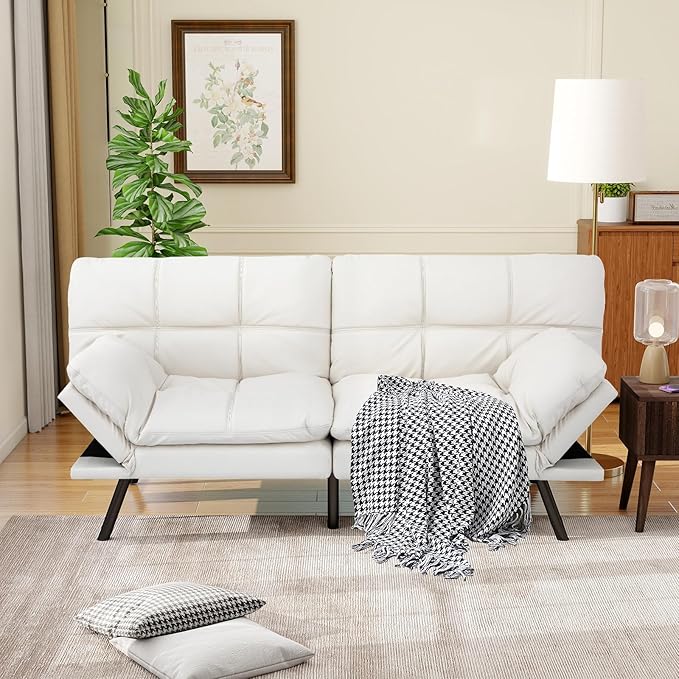 MUUEGM Futon Sofa Bed 71 Ivory Convertible Memory Foam Futon Couch Bed Modern Loveseat Sleeper with Adjustable Backrests Armrests for Living RoomSmall SpaceOffice