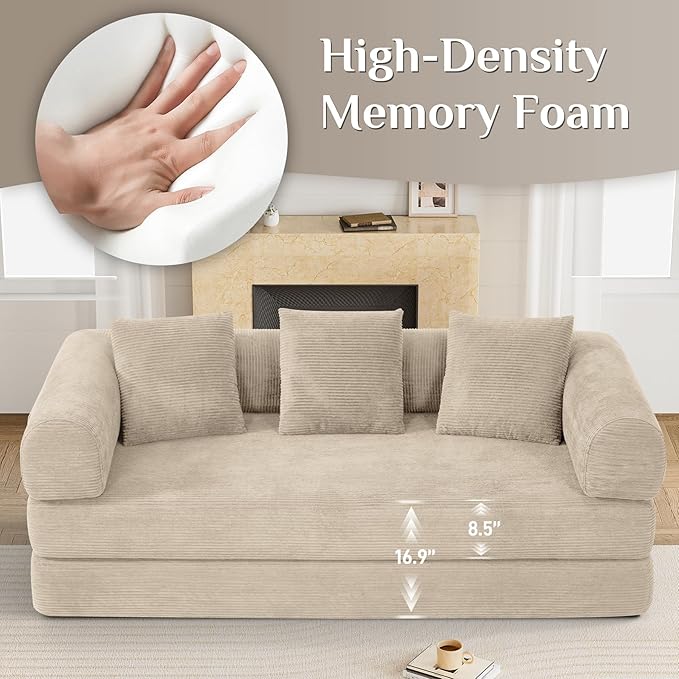 Convertible Sofa Bed Corduroy Memory Foam Compression Sofa Modular Floor Sofa with Pull-Out Bed Compressed Couch in Box Folding Sleeper Couches Bed for Living Room Bedroom Lounge Light Brown