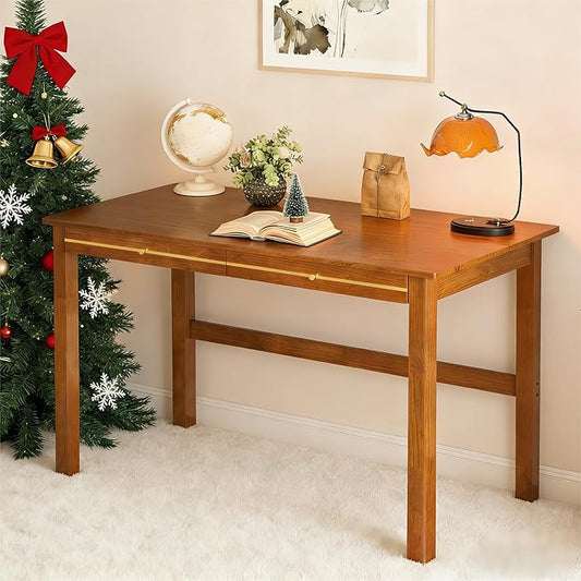 100% Solid Wood Desk with Drawers - 47.2 Inch Mid Century Modern Desks Vintage Writing Desk with Drawers Simple Work Study Table Home Office Desks for Bedroom &amp Home Walnut Color