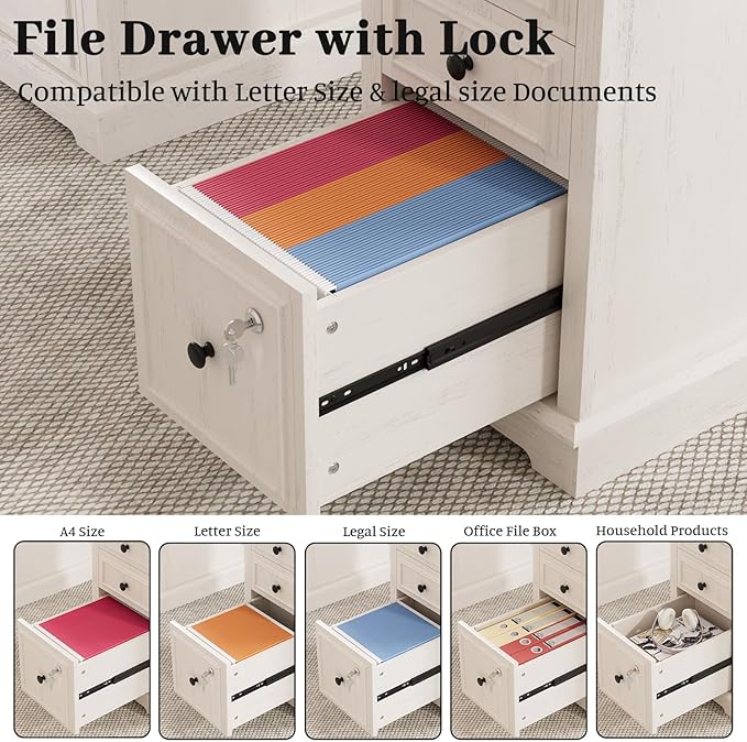 Vipbear 59 Farmhouse Executive Desk with Drawers Wood Home Office Computer Desk Featuring Lockable File Drawer Storage Cabinet &amp Power Outlet Storage Cabinet for Work Study Writing (White)
