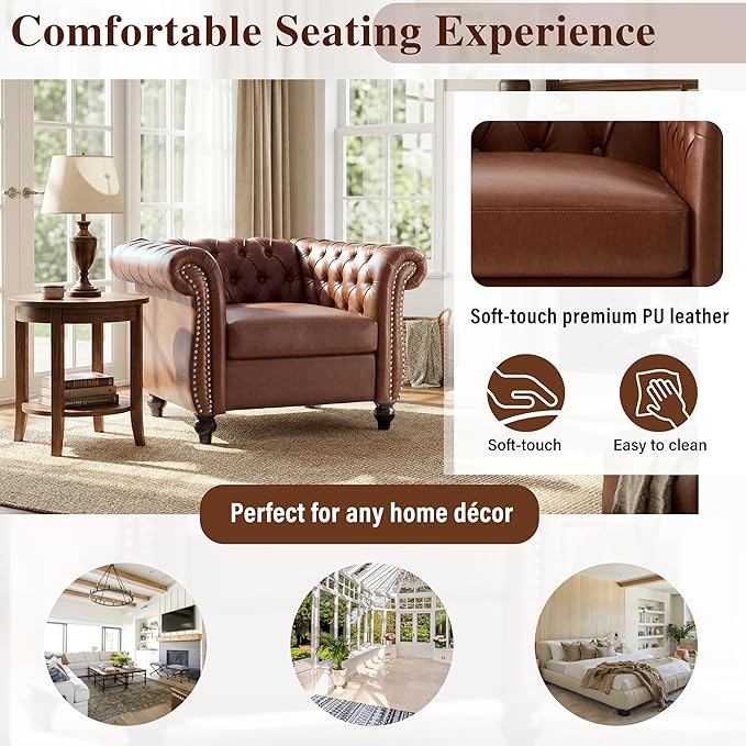 Mid-Century Modern Club Chair with Scrolled Arms Tufted Upholstered Rolled Armchair with Nailhead Trim and Solid Wood Legs for Home Bedroom Reading Room (Brown87)