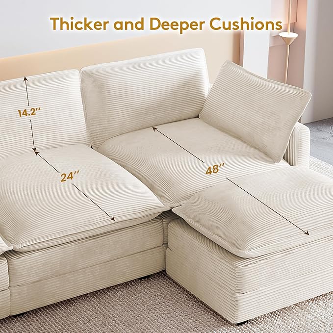 ROWHY 112'' Oversized Modular Sectional Cloud Couch with Movable Ottoman 4 Seat Modern Corduroy Sofa Deep Seat L Shaped Couch for Living Room Bedroom Apartment Cream