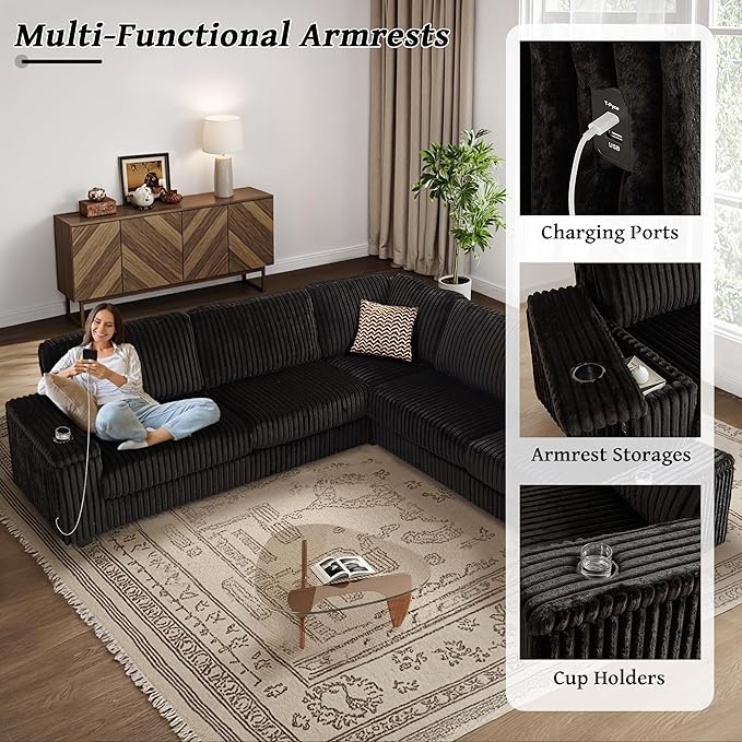 Black Sectional Couches for Living Room Oversized Corduroy Couch Large L-Shaped Corner Couch with Storage Armrests USB Charging &amp Cup Holder 5 Seater Modular Sectional Sofa (Black)