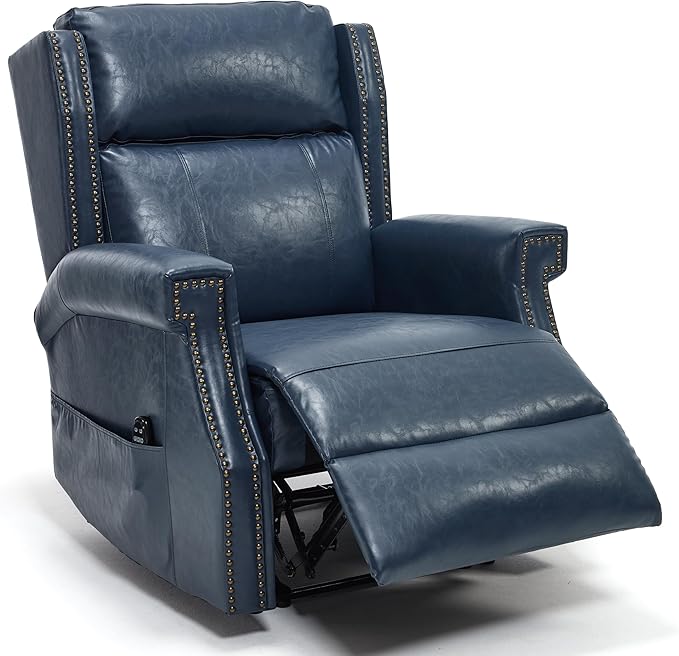 Manual Recliner Chair Faux Leather Push Back Recliners with Vibration Massage Lumbar Heat Living Room Single Sofa Reclining Rivet Design Chair Blue