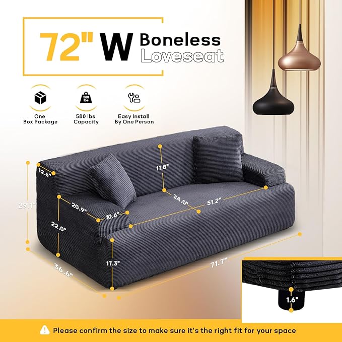 VINGLI 72 w Compressed Love Seat Sofa with Wide Curved Armrests (10.6) Premium Corduroy Couch in a Box Boneless Loveseat for Living Room Easy Assembly Required for Small Spaces Dark Grey