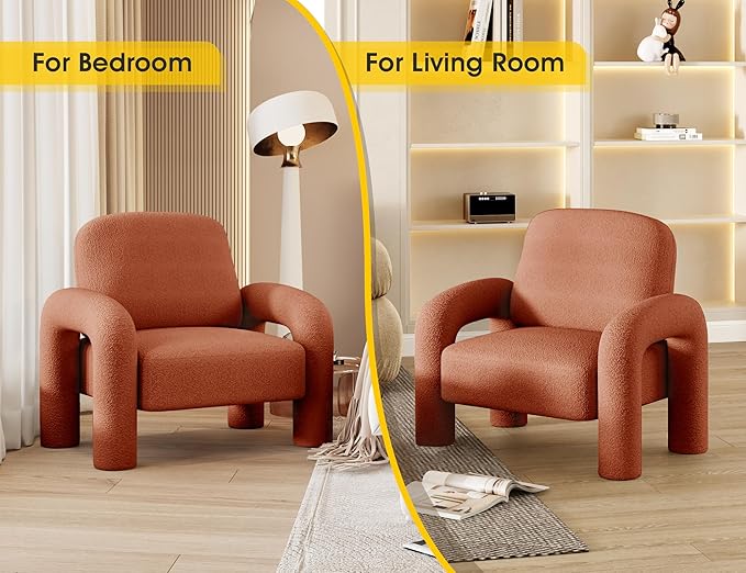 Modern Sherpa Accent Chair Teddy Upholstered Arm Single Sofa Cozy Fluffy Reading Chair for Living Room Bedrooms Corner (Orange)