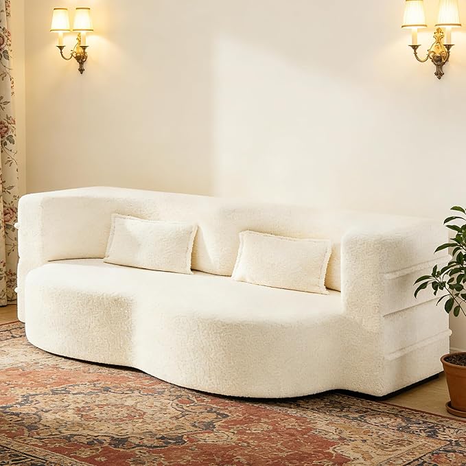 2 in 1 Convertible Compressed Sofa Bed 49'' Modern Boneless Single Sleeper in a Box Floor Mattress Futon Loveseat Couch No Assembly Needed Space Saving White 2 Pillows Twin for Living Room