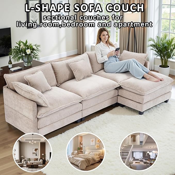 Gexpusm Modular Sectional Sofa108 L Shaped Couches for Living Room3 Seats Sofas with Movable OttomanCloud Sectional Couch with Deep SeatOversized Sleeper Sofa Boneless for Bedroom (Khaki)