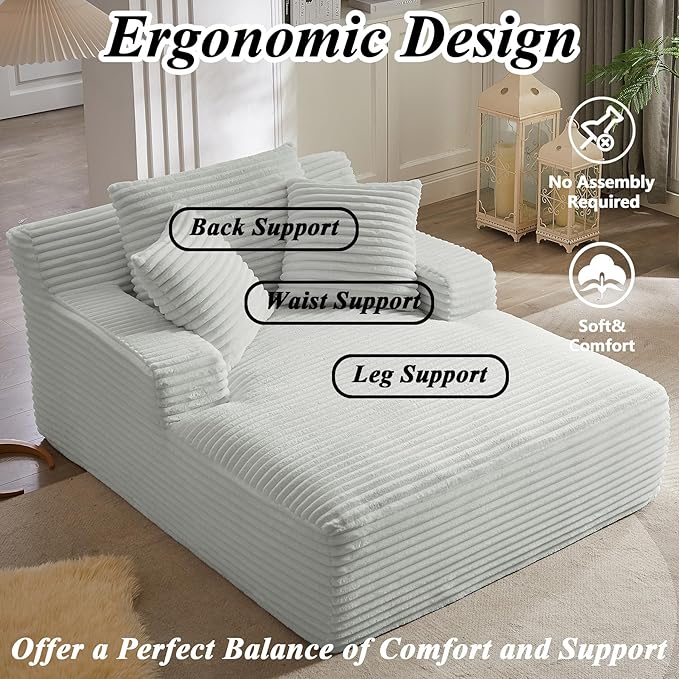 67 Inch Boneless Couch Oversized Chaise Lounge Sofa Corduroy Chaise Lounge Chair Indoor with Comfy Pillows for Living Room Bedroom Foam Filling No Assembly (Light Grey)