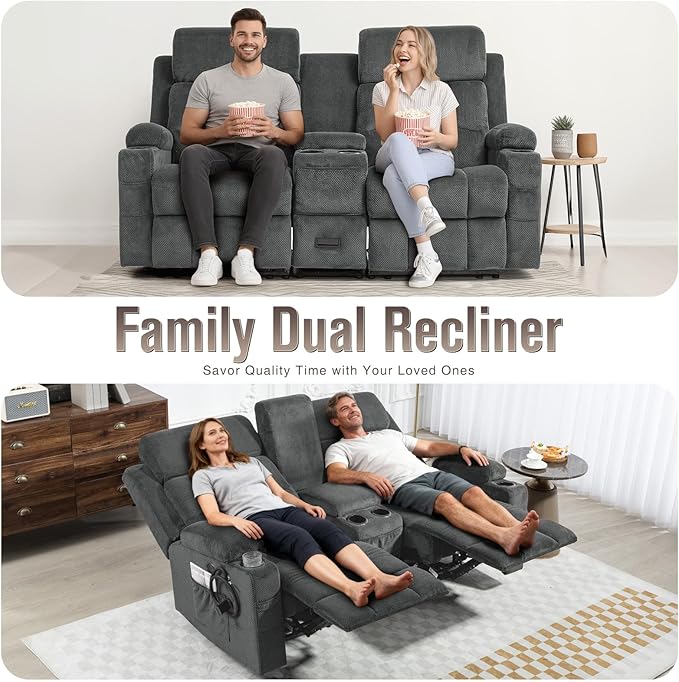 Oversized 72 Loveseat Recliner Sofa with Console Manual Double Reclining Sofa with USB Ports Cup Holders &amp 2 Phone Holders for Living Room Home Theater Game Room (Gray Velvet)