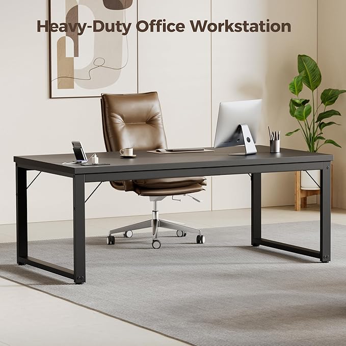 Mericonia 54 Inch Computer Desk with Power Outlets 1.2 Thick Heavy Duty Industrial Office Desk Modern Simple Study Writing Table for Home Office Bedroom Workstation Black