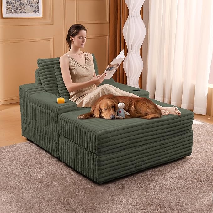 Garvee Oversized Chaise Lounge Chair Indoor with Storage Ottoman Upholstered Corduroy Sofa Bed Cloud Couch with 3 Pillows Single Sleeper Sofa Chair for Living Room Bedroom