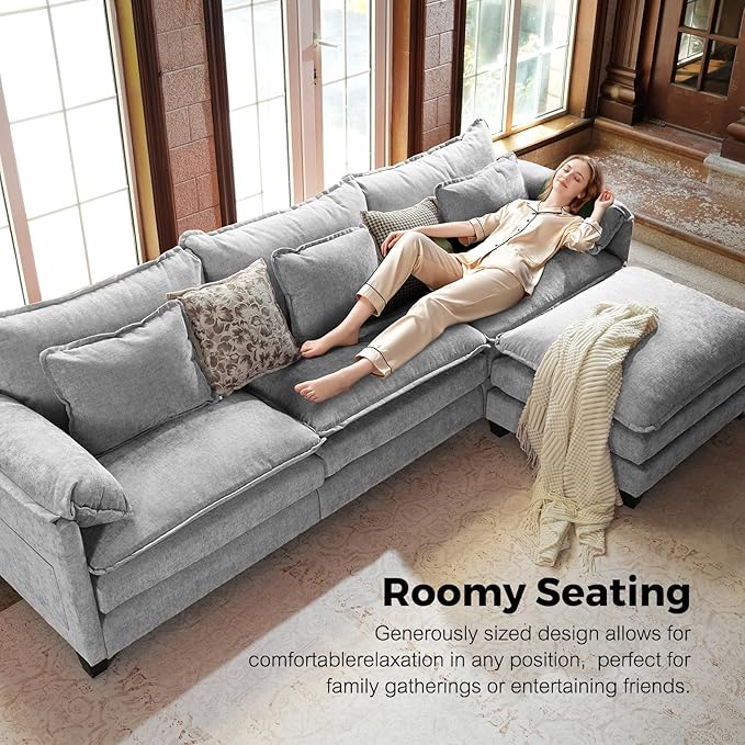ELUCHANG 113 L Shaped Sectional Couch Comfy Cloud Modular Sectional Sofa with Movable Ottoman 4-Seat Deep Seat Modern Cloud Sofa Couches for Living Room Bedroom and Apartment Chenille Grey
