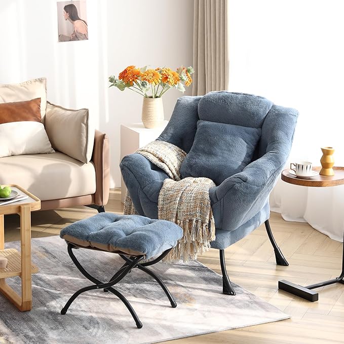 Lazy Chair with Ottoman Comfy Reading Lounge Chair with Footstool &amp Throw Pillow Modern with Armrests &amp Side Pocket for Living Room Bedroom Dorm Room Plush Light Blue