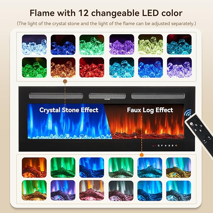 90 Fireplace TV Stand with WI-FI Enabled Modern 60 Smart Fireplace Entertainment Center Fire Place TV Console Adjustable 12-Color LED Lights for Living Room Black