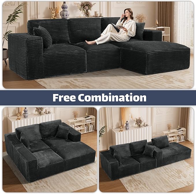108 L-Shaped Boneless Cloud Sectional Couches Comfy Corduroy Fluffy Modular Sectional Sofa with Ottoman Deep Seat Memory Foam Plush Couch for Living Room Small Spaces Black