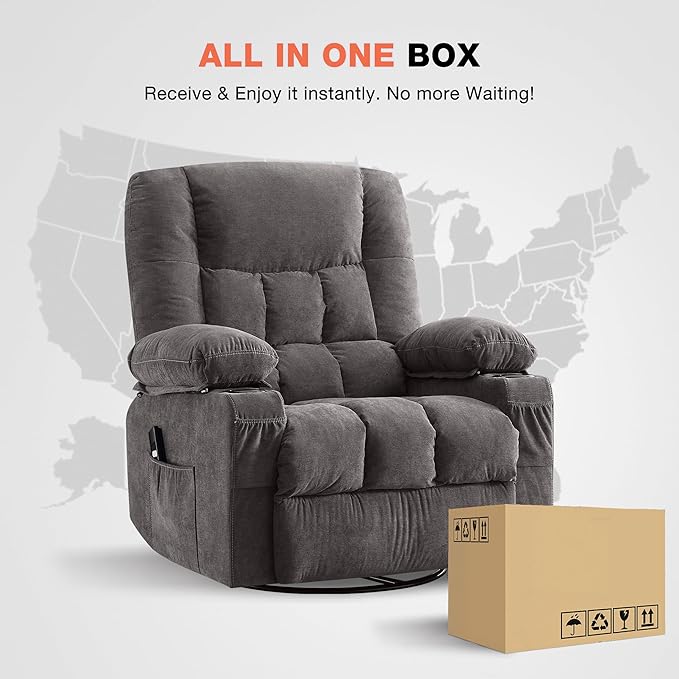 Power Swivel Recliner Chair with Rocking Function for AdultsOversized Rocker Recliner with Side Pocket2 Cup Holders for Living Room