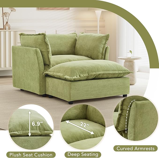 Merax Modern Armchair Sofa 47 Cozy Upholstered Sofa Chair with Movable Ottoman Wide Seat Curved Armrests and Soft Pillows for Living Room BedroomGreen