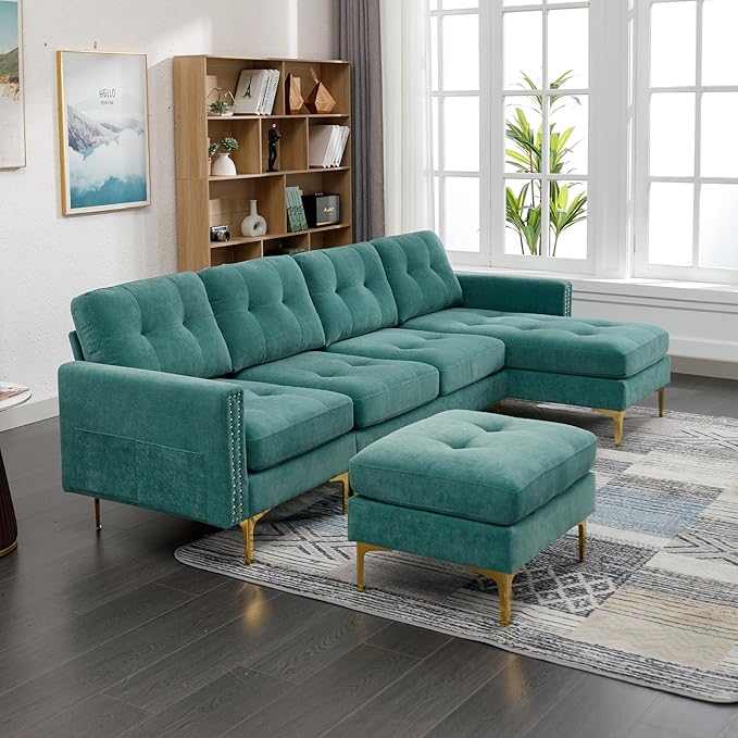 kevinplus 111 Velvet Sectional Sofa Couch for Living Room Modern Contemporary L-Shaped 4-Seat Tufted Sofa Couch with Chaise Lounge &amp Ottoman for Apartment Office Strong Metal Leg Green
