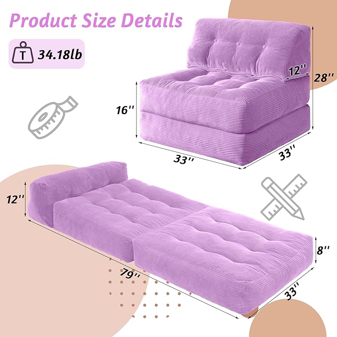 HABUTWAY Folding Sofa Bed Convertible Sleeper Chair Bed with Pillow &amp Handle Foldable Mattress with Back Support Portable Single Couch Comfy Floor Sofa Lounge for Living Room Bedroom(Light Pur