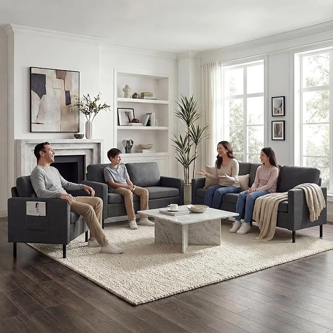 STHOUYN Modern 3-Piece Living Room Set 72 Grey 3 Seater Couch and 56 Loveseat with USB Ports Small Couch and Chair Set for Small Space Apartment Office (Grey 1 Chair + 1 Loveseat + 1 Couch)
