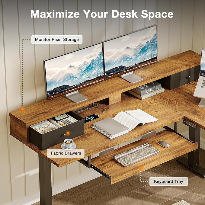 Casaottima 59 Inch Electric L-Shaped Standing Desk with Drawers Height Adjustable Stand Up Corner Desk with Monitor Stand &amp Keyboard Tray Lift Table for Home Office Workstation Rustic Brown