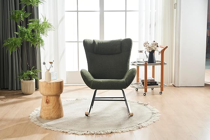 Rocking Chair Nursery Solid Wood Legs Reading Chair with Teddy Fabric Upholstered Nap Armchair for Living Rooms Bedrooms Offices Best GiftGreen Teddy Fabric