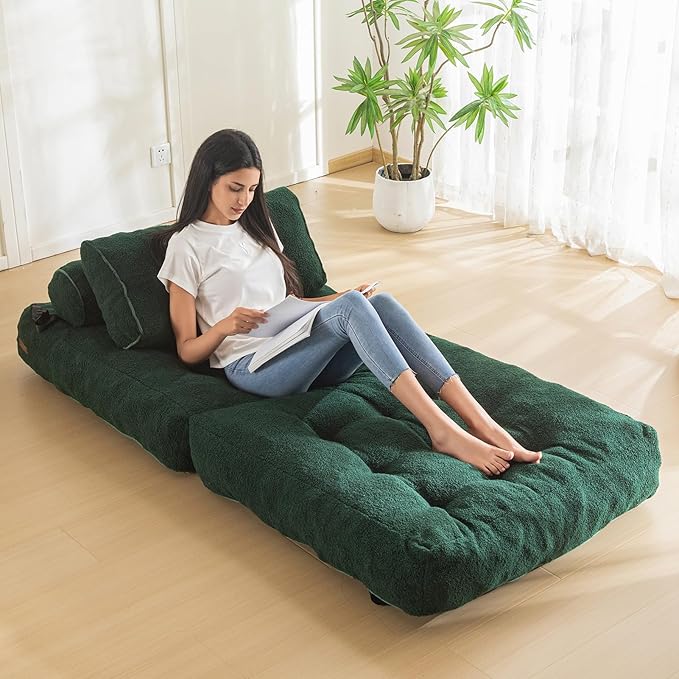 MAXYOYO Folding Sofa Bed Convertible Sleeper Chair with Pillow Portable Fold Out Sofa Couch Boucle Fabric Comfy Foldable Mattress with Back Support for Living Room Apartment
