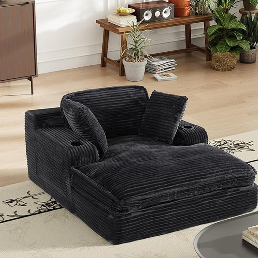 67 Chaise Lounge Chair Indoor Cozy Oversized Fluffy Sofa with Cup Holders &amp Throw Pillows Boneless Sleeper Cloud Couch for Living Room Movie Room and Apartments Black