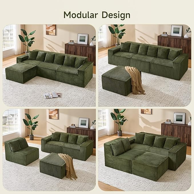 ONBRILL 112.6 Modular Sectional Sofa Comfy Corduroy Boneless Couch with Ottoman Memory Foam Modern Minimalist Cloud L Shaped Couch for Living Room No Assembly Required Green