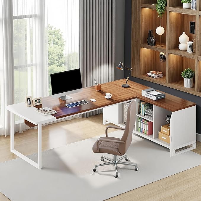 Oigavfd 70.8 L Shape Executive Desk with File Cabinet and Printer Stand L Shaped Computer Desk with Storage and Metal Frame Corner Desk for Home Office (Walnut White)