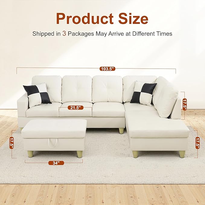 L Shaped Couch Faux Leather Sectional Couch Upholstered 3 Pieces Sofas for Living Room with Chaise Ottoman with Storage for Office and Small Apartment White