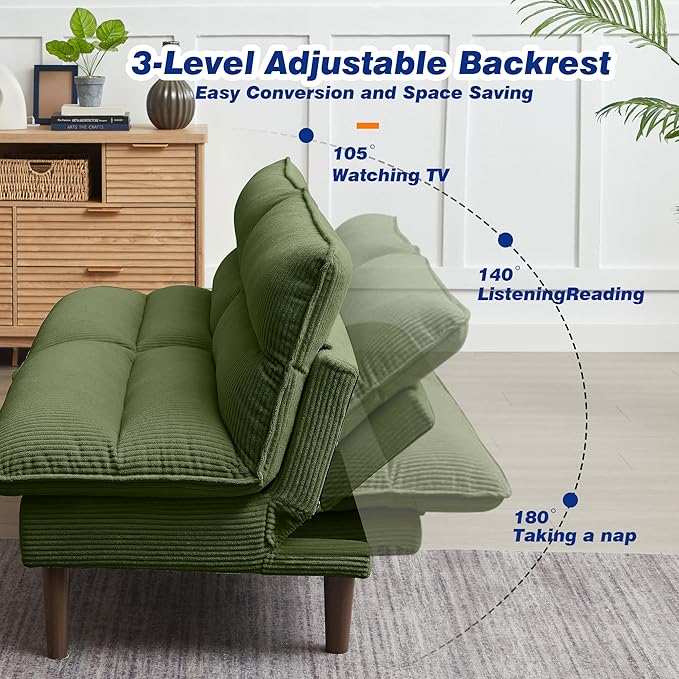 72 Futon Sofa Bed Convertible Futon Couch with Adjustable Backrest Modern Corduroy Sleeper Sofa for Small Spaces Living Room Office Green