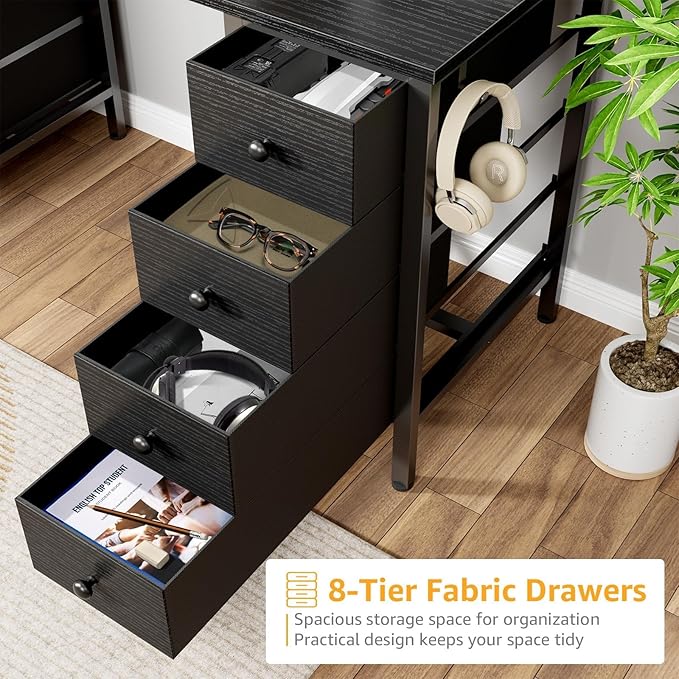 DLisiting Black Gaming Desk with Fabric Drawers on Both Sides 55 Inch Home Office Computer Study Writing Work PC Desk with 8 Storage Drawers Storage for Bedroom