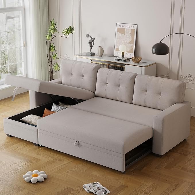 Linen Upholstered Pull Out Sectional Sofa with Storage ChaiseCouch W/ Removable Back CushionsCan Be Converted Into a Twin Size Sleeperfor Living RoomApartmentOfficeBeige