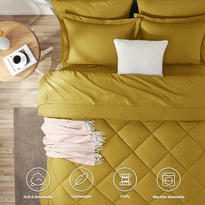 CozyLux King Size Comforter Set Mustard Yellow - 7 Pieces Bed in a Bag King Luxury Soft Bed Set for All Seasons Bedding Set with Down Alternative Comforter Sheets Pillowcases &amp Shams