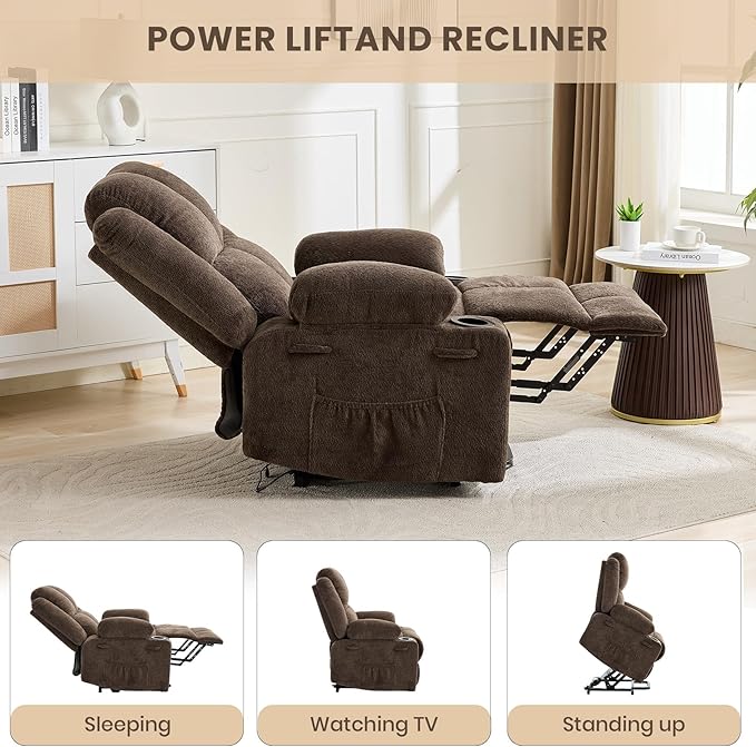 GAOMON Oversized Power Lift Recliner Chair for Elderly 135° Adjustable Lay Flat Electric Recliner with Massage &amp Heat Stand Assist 2 Cup Holders for Living Room Heavy Duty Lift Sofa - Brown