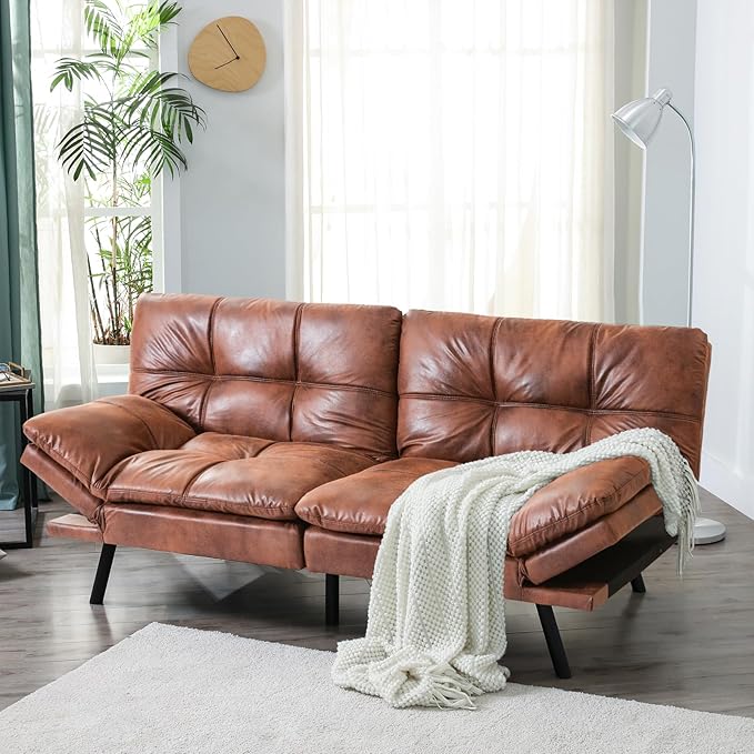 Opoiar Leather Futon Sofa BedConvertible Memory Foam Couch BedFuton Sets Daybed with Mattress IncludedFolding Modern Sleeper Sofa Love seat for RV Car Living Room&ampBedroom Small SpaceBrown