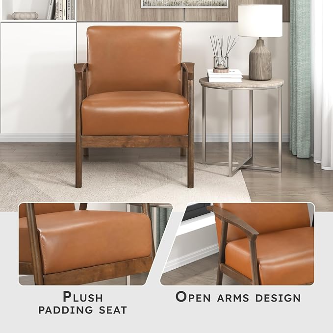 Lexicon Mid Century Modern Accent Chair Faux Leather Upholstered Lounge Armchair Solid Rubber Wood Frame Single Sofa Seat for Living Room/Bedroom/Office/Waiting Area Brown
