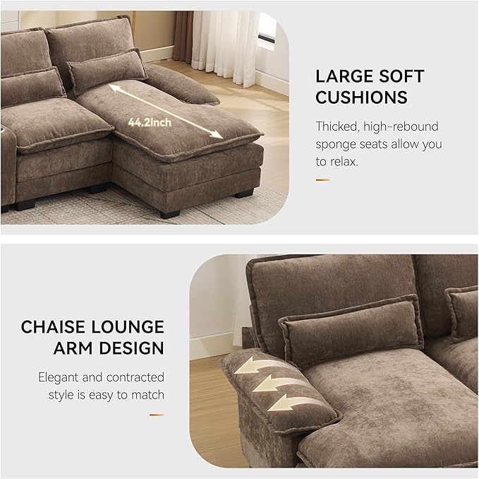 125'' U Shaped Cloud Modular Sofa with Chaise Lounges Chenille Upholstered Comfy Sectional Couch with Storage Console USB Charging Ports &amp Cup Holders Small Deep Seat Sofa for Living Room Brow