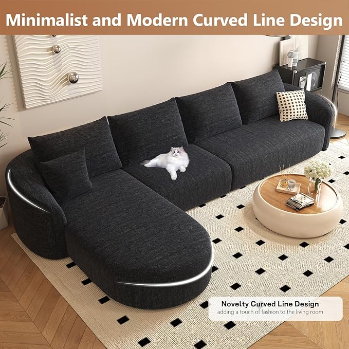 138.6 L Shaped Modern Modular Sectional Curved Back Sofa Minimalist Style Comfy Cloud Couch for Living Room Apartment No Assembly Required Boneless Couches (BlackLeft Facing Chaise)