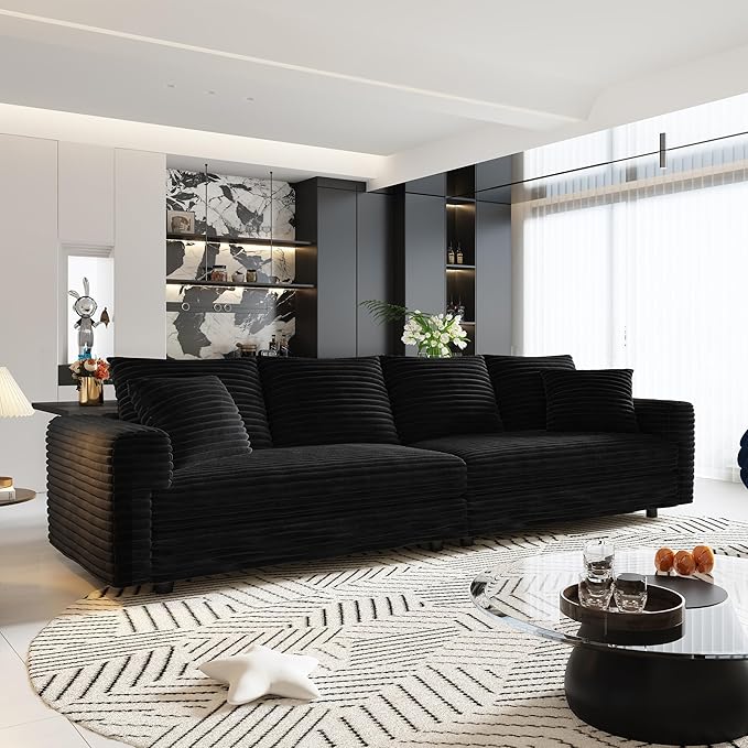 Cloud Couch Modular Sectional Sofa Fluffy 4 Seater Corduroy Cloud Sofa Couch 102.4'' Oversized Chaise Lounge Sleeper Sofas Deep Seat Sectional Couches for Living Room Black