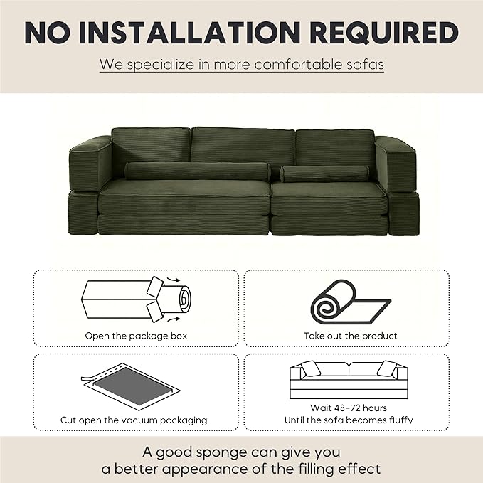 119 Modular Sofa Bed with High Backrest Pillows Corduroy Folding Convertible Floor Sofa Couch Bed with Fixed-Shape Frame Building Block Sofa for Parent-Child Castle Living Room Green