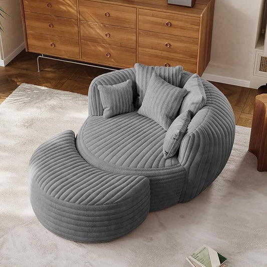 50 Oversized Chaise Lounge Indoor Round Reading Chair Lounge Chair with Ottoman Boneless Sofa Bed Large Fluffy Plush Corduroy Chaise Chair for Living Room Playroom Bedroom Grey