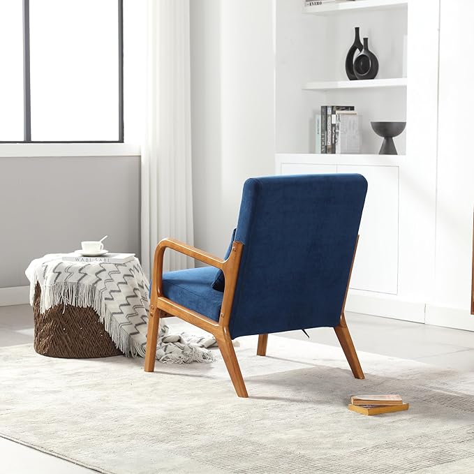 Modern Accent Chair Solid Wood Padding Lounge Armchairs with One Pillow for Living Room Bedroom Guest Room (Navy)