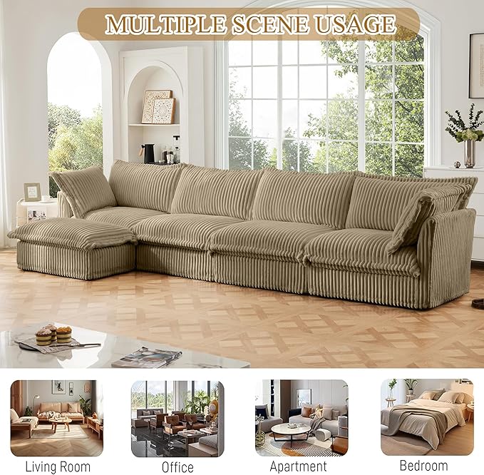 Modular Sectional Couches for Living Room L Shape Couch with 2 Big Pillows and Removable Cover Comfy Cloud Couch Fluffy Deep Seat Long Sofa (Camel 4 Seat + 1 Ottoman)