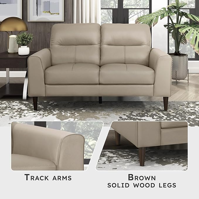 Lexicon Leather Match Loveseat Sofa Modern Couch Sofa Oversized Loveseat Solid Wood Legs Top Grain Leather 2 Seater Couch for Living Room Bedroom Office Apartment Waiting Room Latte