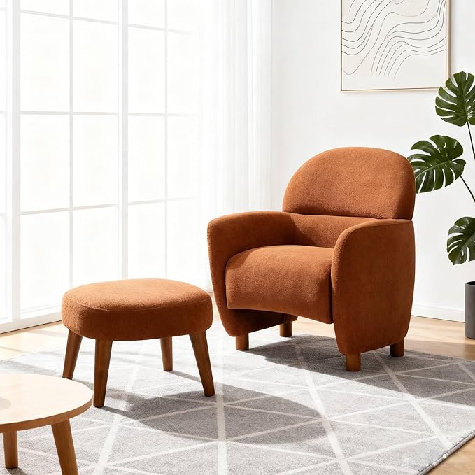 Lazy Chair with Ottoman Modern Boucle Accent Lounge Chair with Footrest Upholstered Leisure Sofa Reading Armchair with Wood Legs for Living Room Bedroom Dorm Garden-Orange