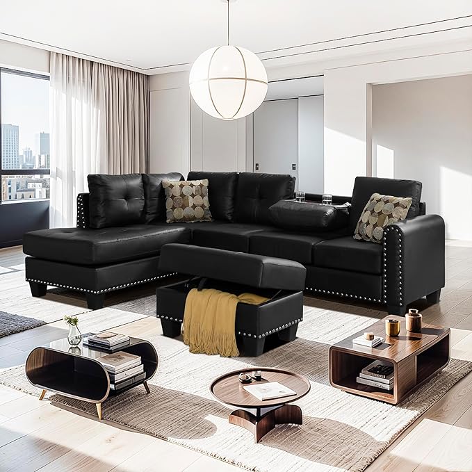 3-Piece Sectional Couch Set L Shape 98 Wide Sofa for Living Room with 2 Cup Holders and Storage Ottoman for Home Furniture Room Decor Black