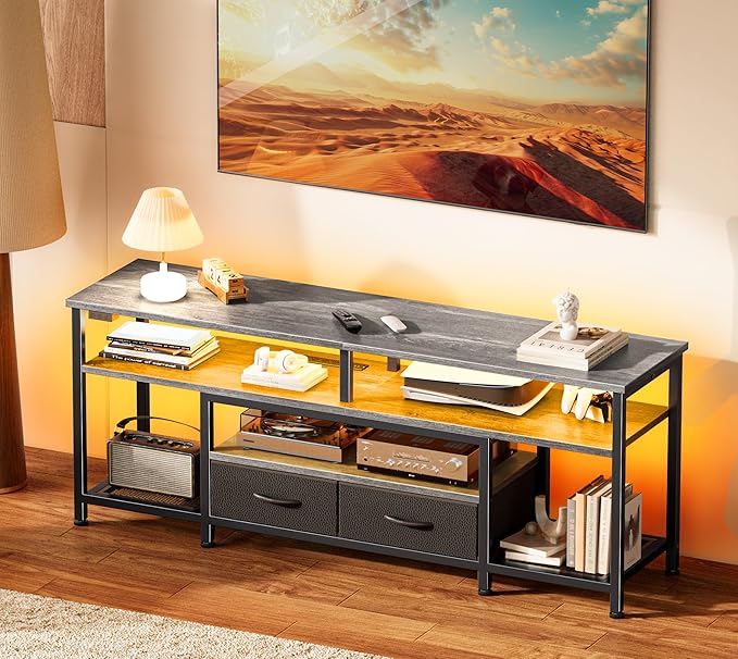 Huuger TV Stand for 55 60 Inch TV Entertainment Center with Power Outlets and LED Lights 54 Inch TV Console for Living Room Media Console with Drawers and Shelves Grey 8778HC